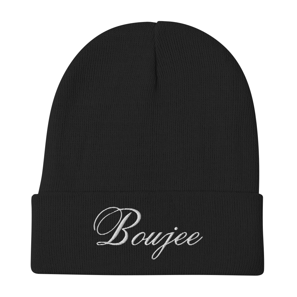Fashionable beanie hat that exudes confidence and style. Its eye-catching design. Embroidered Boujee, Color: Black 