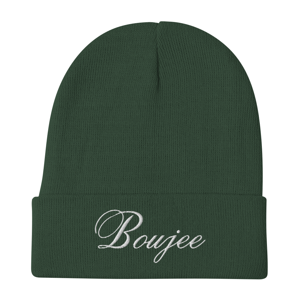 Fashionable beanie hat that exudes confidence and style. Its eye-catching design. Embroidered Boujee, Color: Green