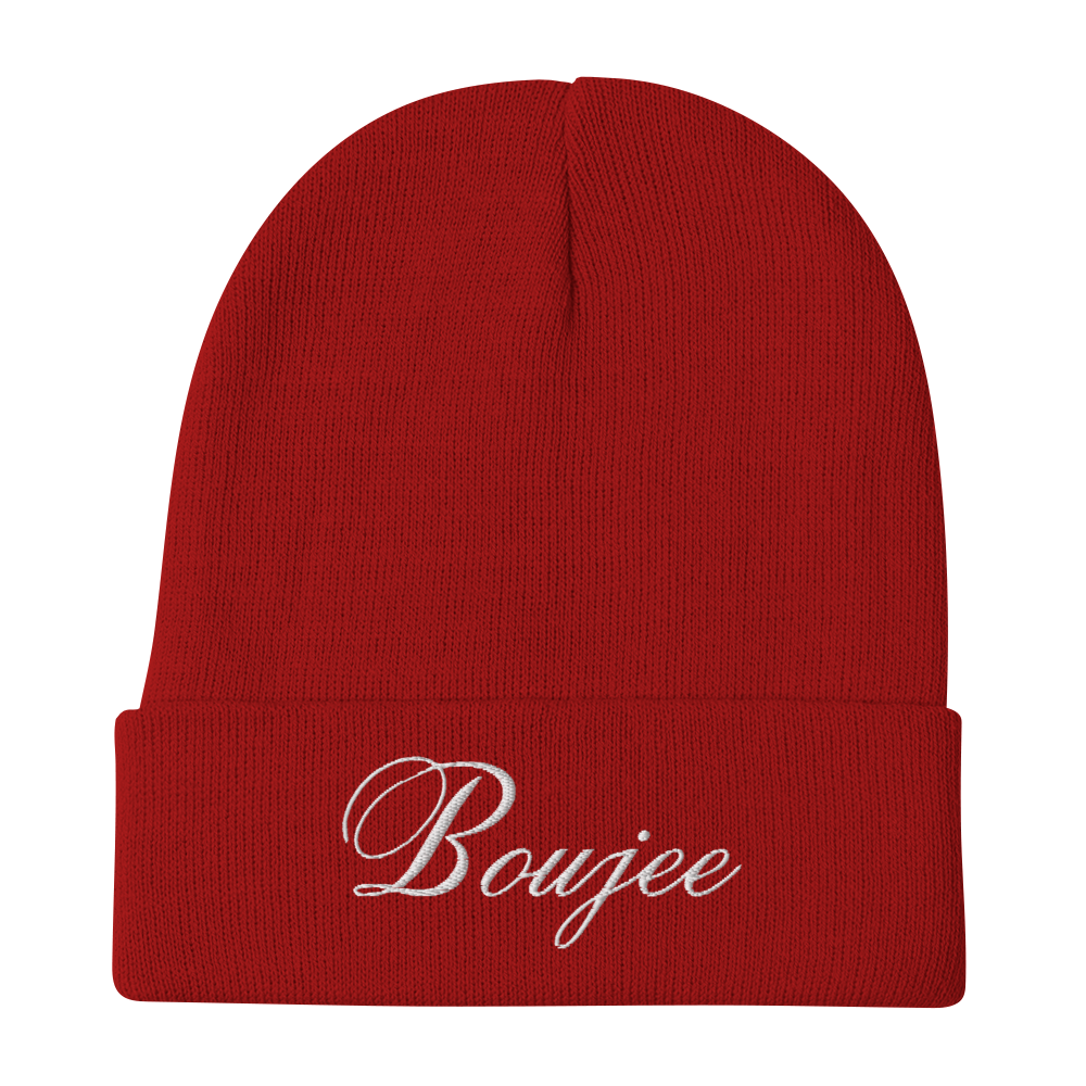 Fashionable beanie hat that exudes confidence and style. Its eye-catching design. Embroidered Boujee, Color: Red