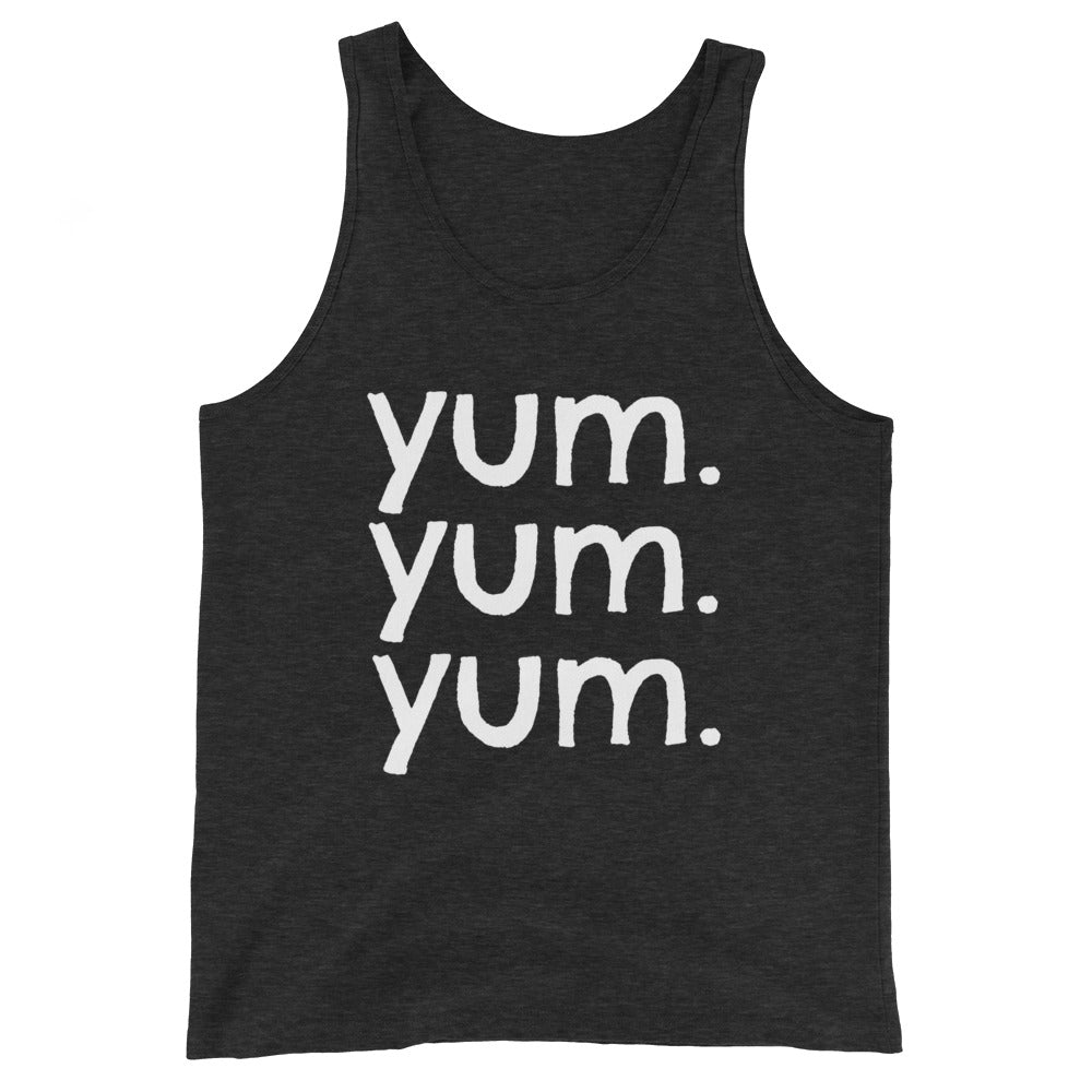 YUM a unisex Tank Top, the ultimate casual essential for your summer wardrobe. Color: Charcoal 
