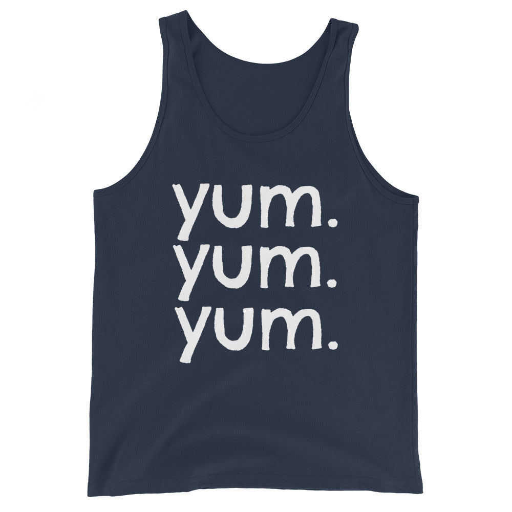 YUM a unisex Tank Top, the ultimate casual essential for your summer wardrobe. Color: Navy 